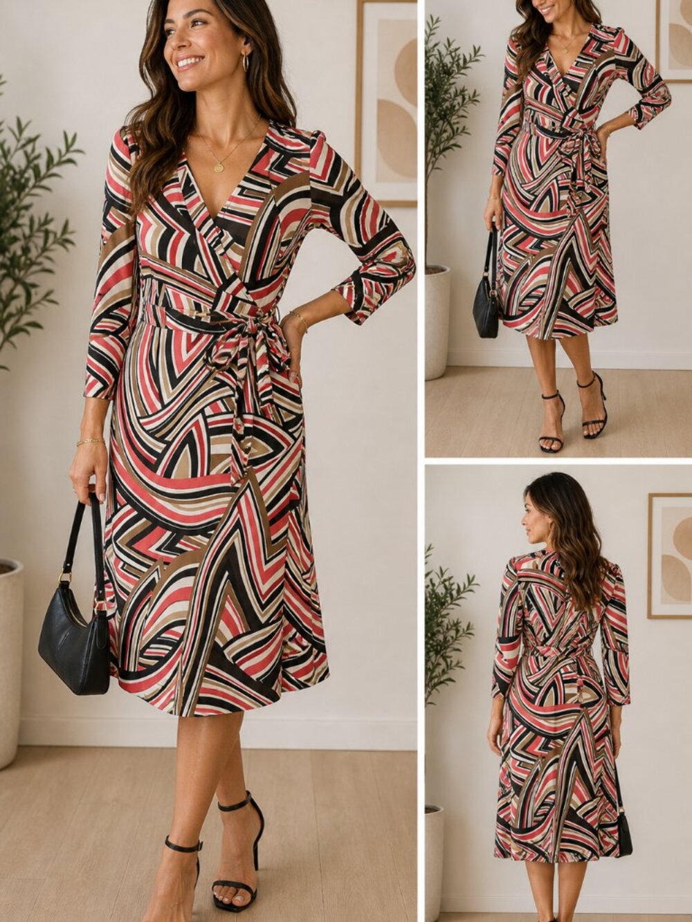 Ann Taylor LOFT Wrap Dress Size 6 Geometric Print Red Black Tan Belted